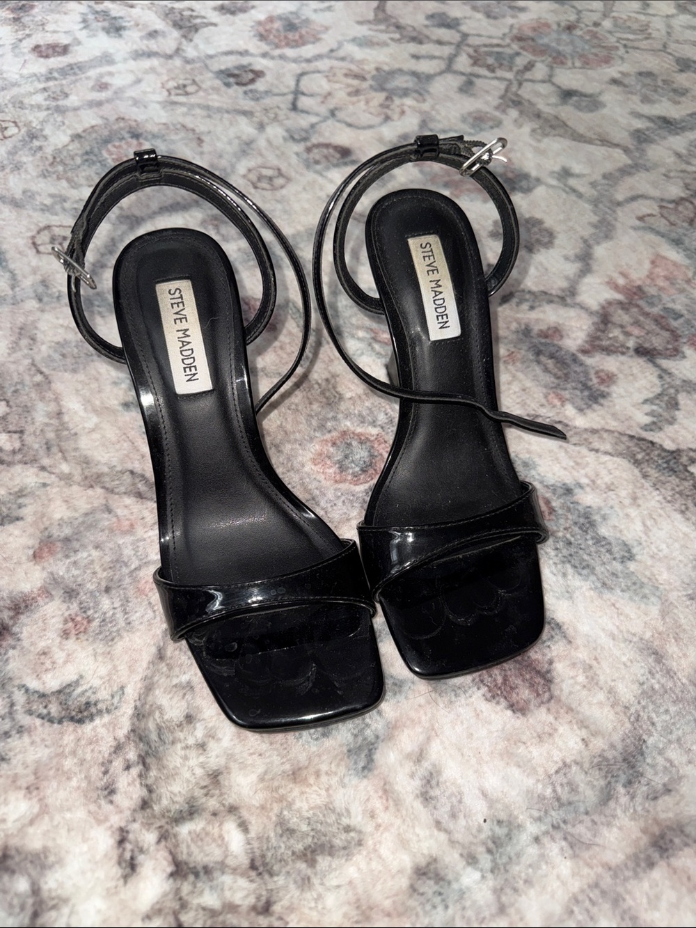 Steve Madden Black Patent Square-Toe Ankle-Strap Heels
